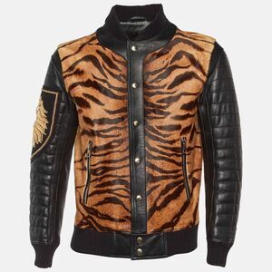 Balmain Black Animal Print Leather Tiger Embellished Bomber Jacket L